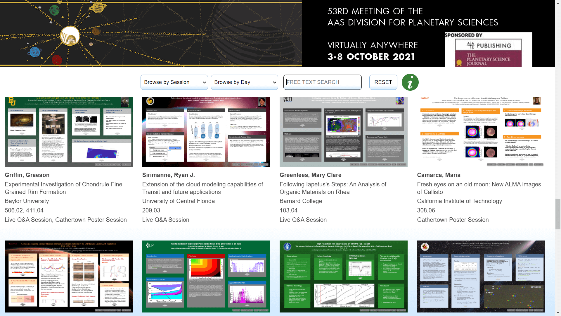 Why can't I see my iPoster in the conference gallery? Screenshot of an iPoster gallery showing the conference banner along the top of the page and 8 thumbnail images of iPosters. Below each thumbnail image is the poster meta data.