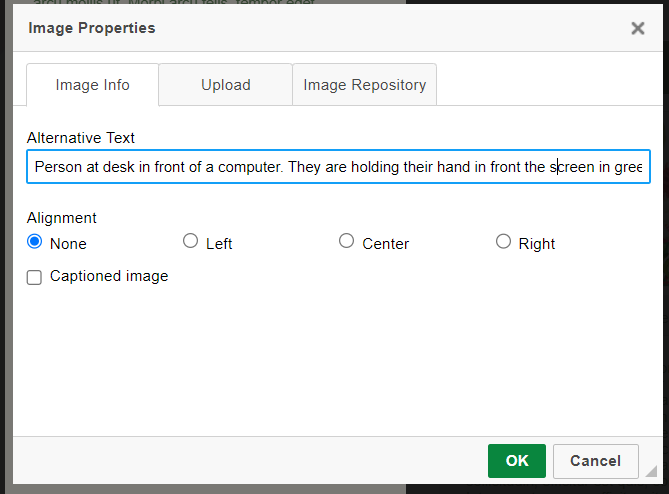 The image properties box under the Image Info tab. There is a section to add alt text. The visible alternative text added reads: 'Person at desk in front of a computer. They are holding their hand in front of the screen in gree....'.