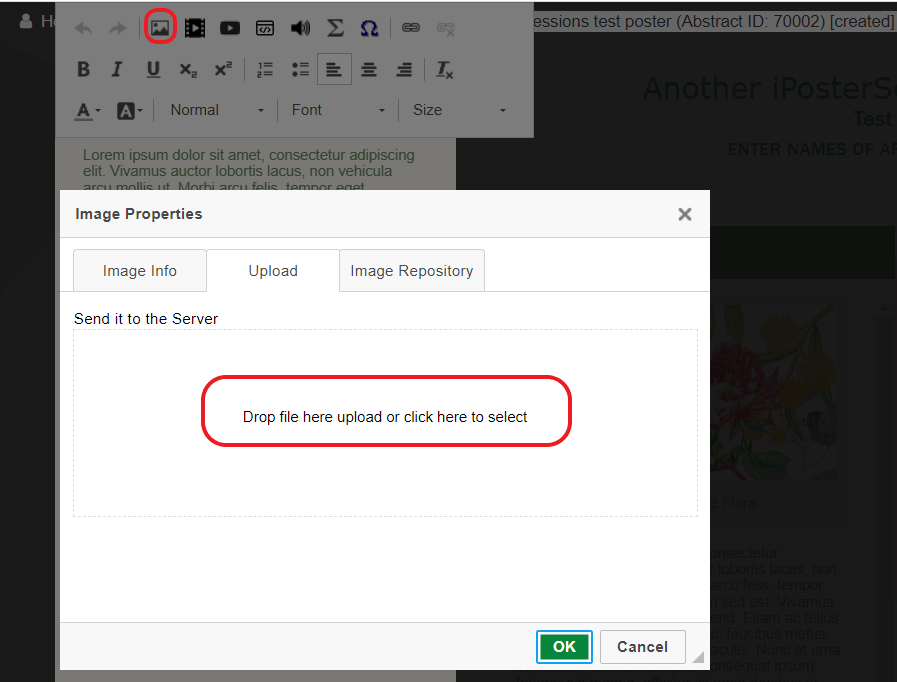 In the background a the top is the iPoster content box tool bar with the insert image tool circled in red. in the foreground is the image properties screen the words 'Drop file here upload or click here to select' are circled in red.