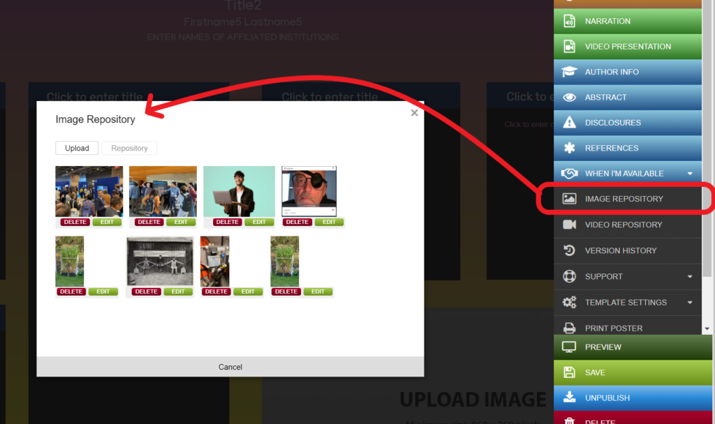 Image Repository button in the editor circled in red. A red arrow points at the opened dialogue box in the center of the screen which shows the images stored in the repository.
