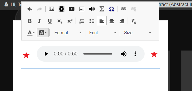 The audio snippet control bar in a content box. There is a red star on either side to show the user where to click. 