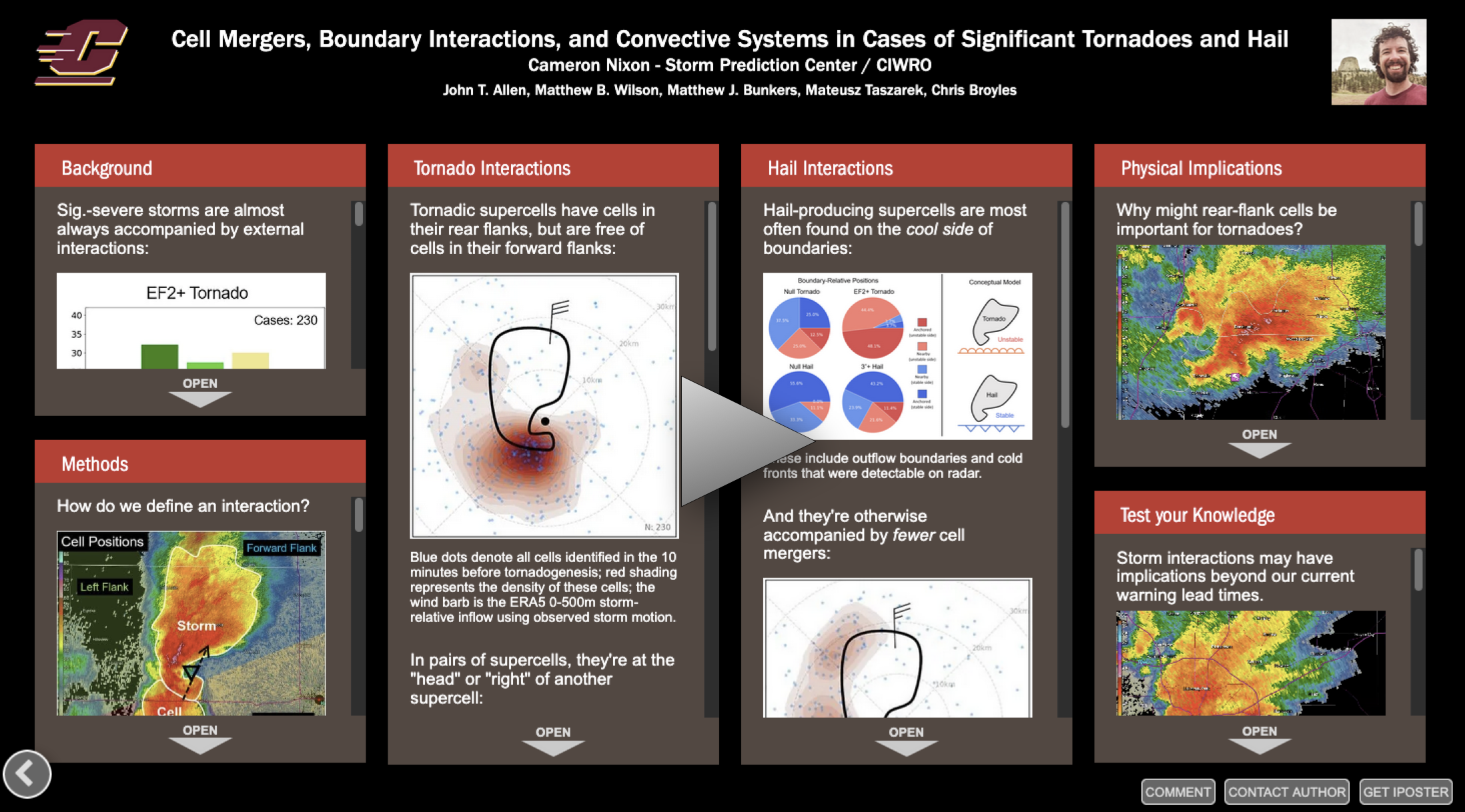 Screenshot of an iPoster presented at AMS 2025 "Towards a Thriving Planet: Charting the Course Across Scales" - with a link to the online poster. Presenting Author: Cameron Nixon
Title: Cell Mergers, Boundary Interactions, and Connective Systems in Cases of Significant Tornadoes and Hail 