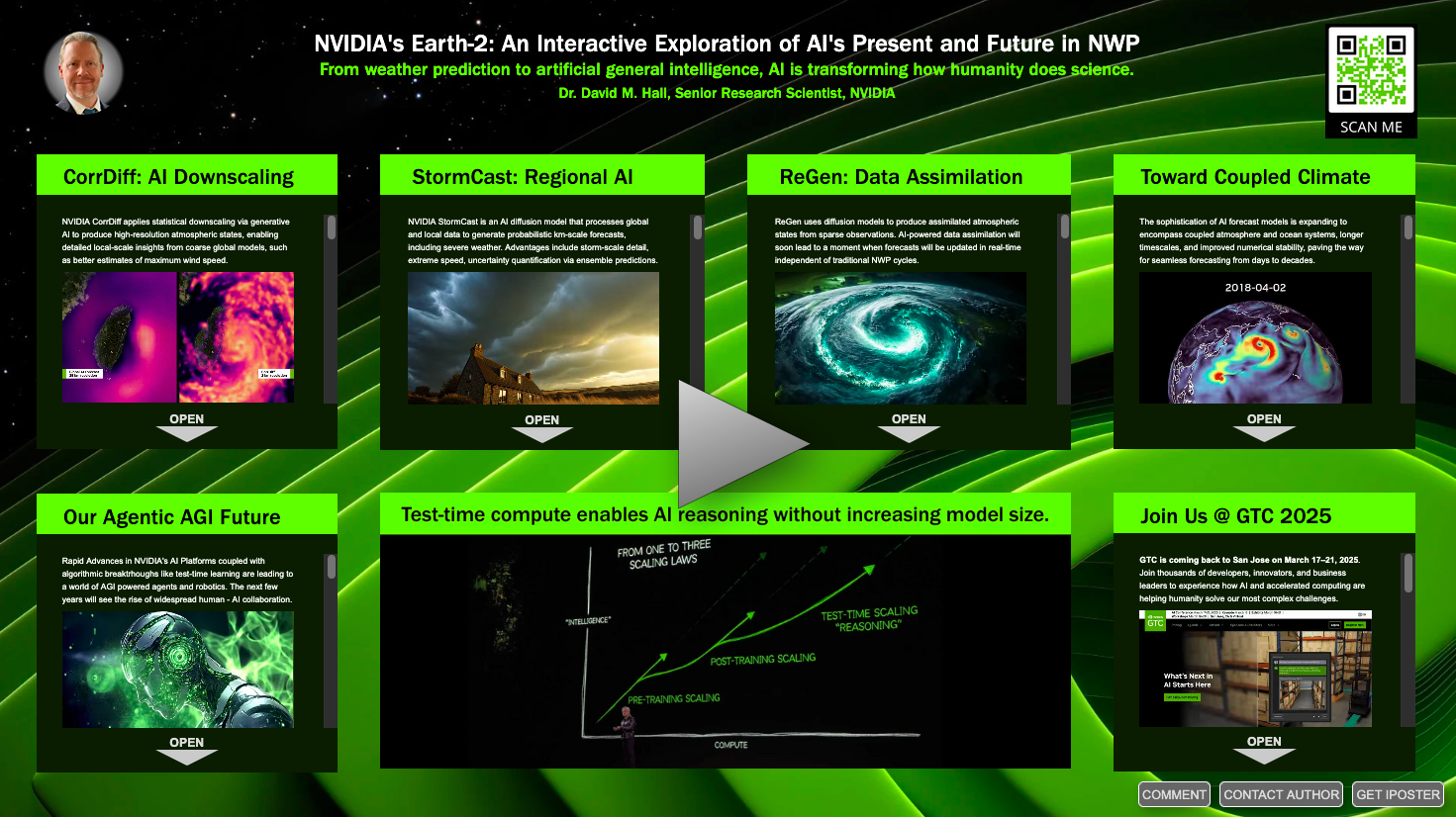 Screenshot of an iPoster presented at AMS 2025 Screenshot of an iPoster presented at AMS 2025 "Towards a Thriving Planet: Charting the Course Across Scales" - with a link to the online poster. 
Presenting Author: David M. Hall
Title: NVIDIA's Earth-2: An Interactive Exploration of AI's Present and Future in NWP