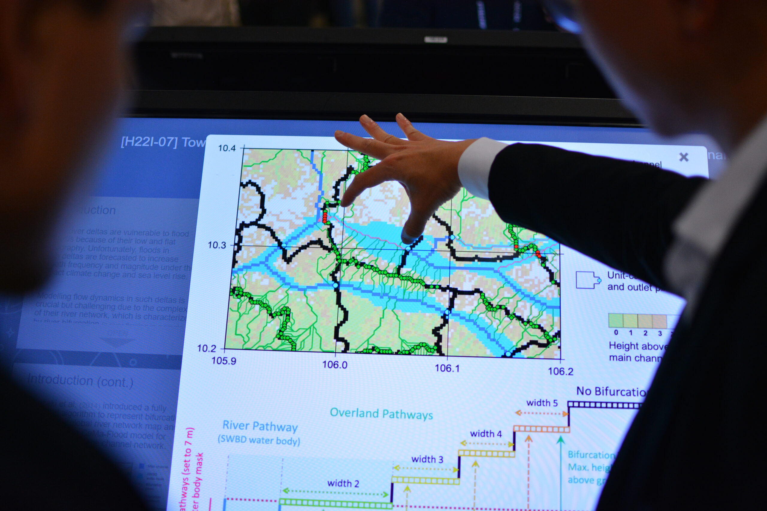 A closeup of a large format interactive touch screen. A hand is manipulating one of the images. The AGU meeting theme is What's next for Science?