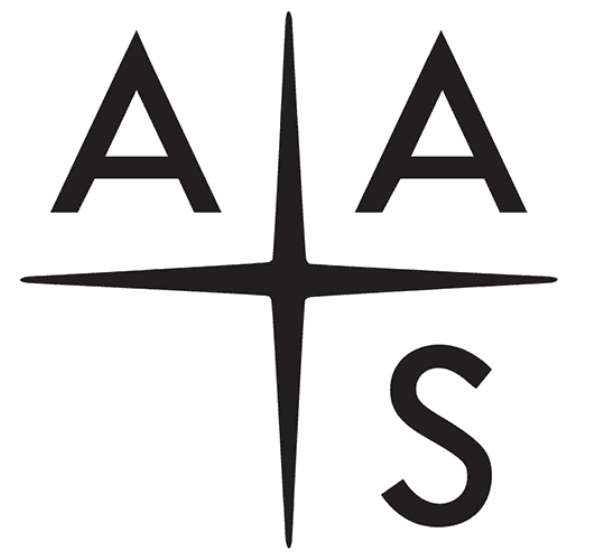The letters A, A, S in black writing sitting in 3 out of 4 quadrants in a square shape. There is a black star that sits lie a cross in the middle of the square shaped logo which creates the quadrants that the letters sit in.