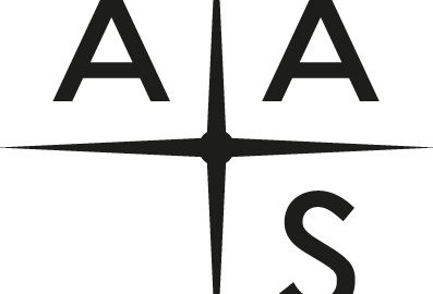 AAS logo: Black letters A.A and S in 3 out of 4 quadrants formed by a 4 point star. Logo is black on a white background