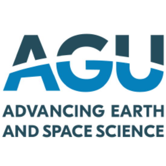 The letters , 'AGU' in large text in 2 shades of blue. A white line is arched through the middle of the letters to look like the curve of a circle. Below this in smaller writing are the words: 'Advancing earth and space science'.