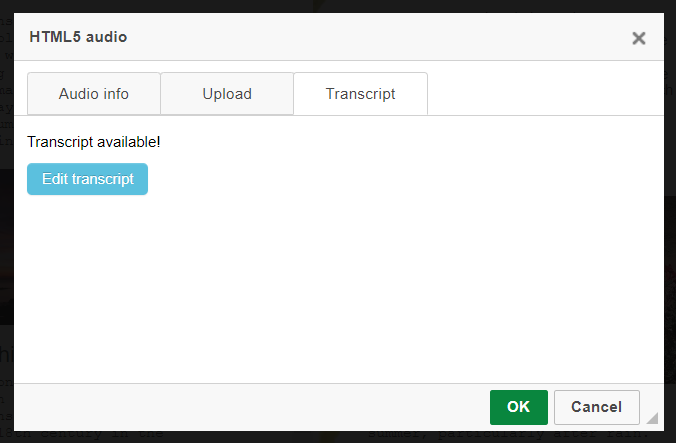 The Upload audio screen showing the 'transcript' tab in the iPoster Editor when the AI transcript has finished generating. There is a 'Edit Transcript' button. 