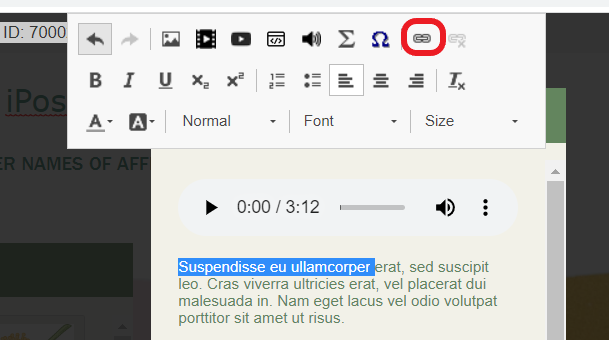 Content box showing some text highlighted and the tool bar above it  with a red circle around the link symbol.  