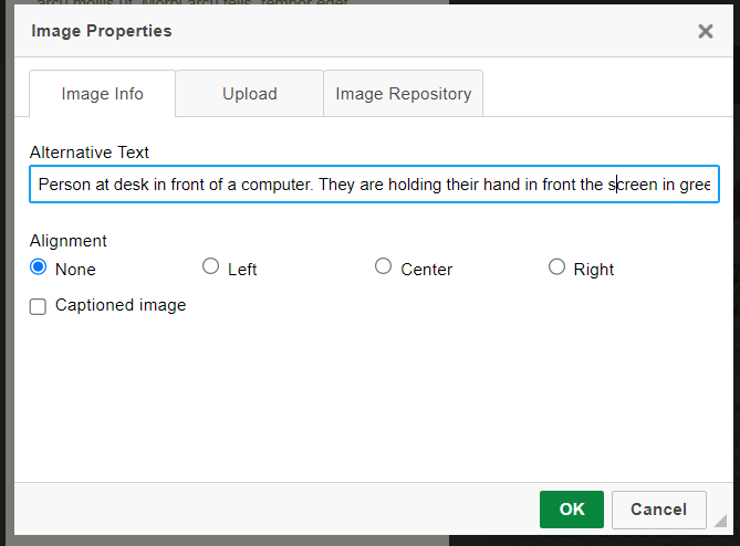 The image properties box under the Image Info tab. There is a section to add alt text. The visible alternative text added reads: 'Person at desk in front of a computer. They are holding their hand in front of the screen in gree....'. 