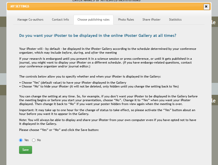 Why can't I see my iPoster in the conference gallery? A screenshot of the 'Choose publishing Rules' tab in the iPoster Settings. 