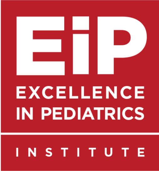 Two red rectangles stacked with white writing inside. EIP is written in big bold letters. Directly Underneath this reads 'Excellence in Pediatrics'. the underneath this in the bottom rectangle reads: 'Institute'.