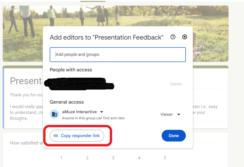 The Google Forms dialog box pop up when 'Add Collaborators' is clicked. The option called 'Copy Responder Link' is circled in red. 