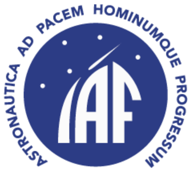 Blue circle with the letters 'IAF' in the middle. There is writing running around the top of the circle reads: Astronautica ad pacem hominumque progressum" (Astronautics to peace and human development).