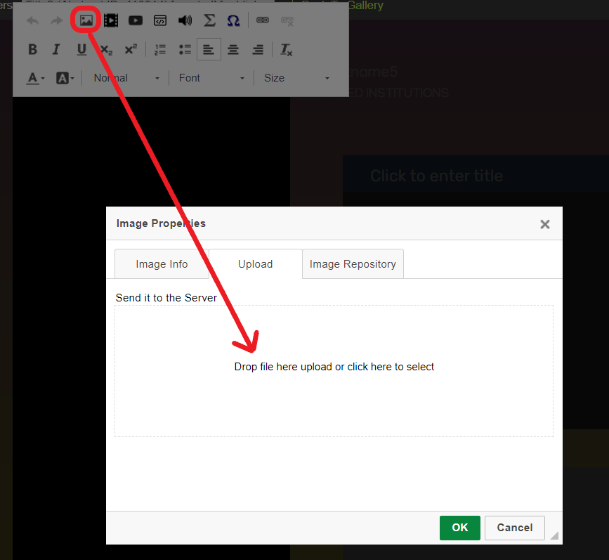 Iposter editor tool bar. The insert image tool is circled in red and a red arrow points down to an open dialogue box with the words ' Drop file here to upload or click here to select.'