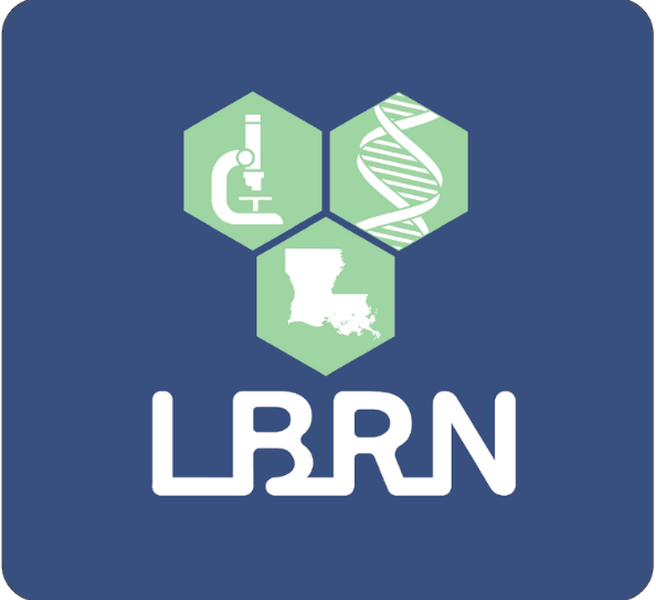 the letters LBRN written in large text in white. Above this are three pale green hexagons with white icons in each one. the white icons are: a microscope, a chain of DNA and an outline of the state of Louisiana.