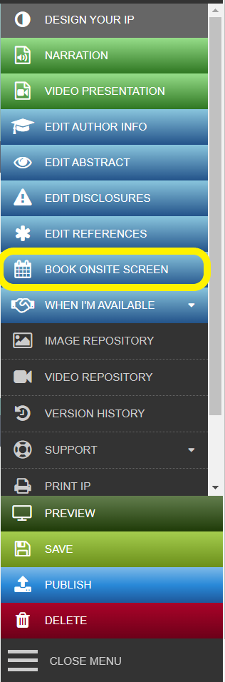 The iPoster editor screen main menu. The option called 'BOOK ONSITE SCREEN' is circled in yellow. 