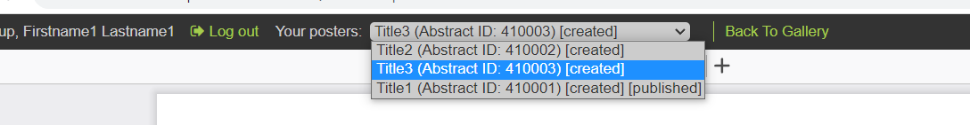 The top of the iPoster editor screen where there is a grey bar that's opened to show a list of available presentations to edit/create. 