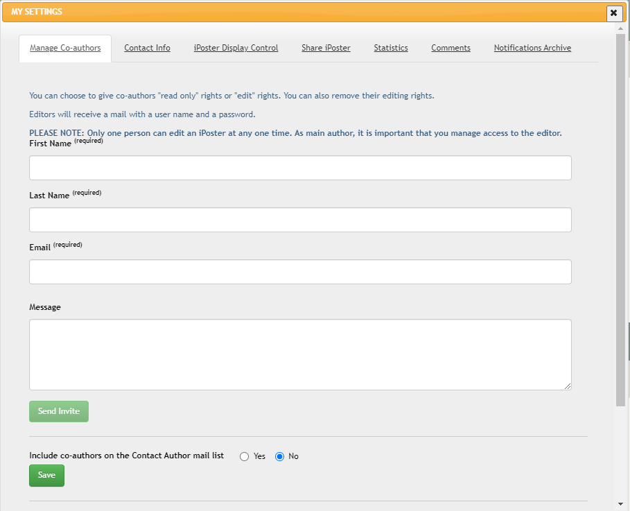 A pop up option box showing the settings under the MY SETTINGS button in the iPoster editor. The first tab is the 'Manage Co-authors' tab. 