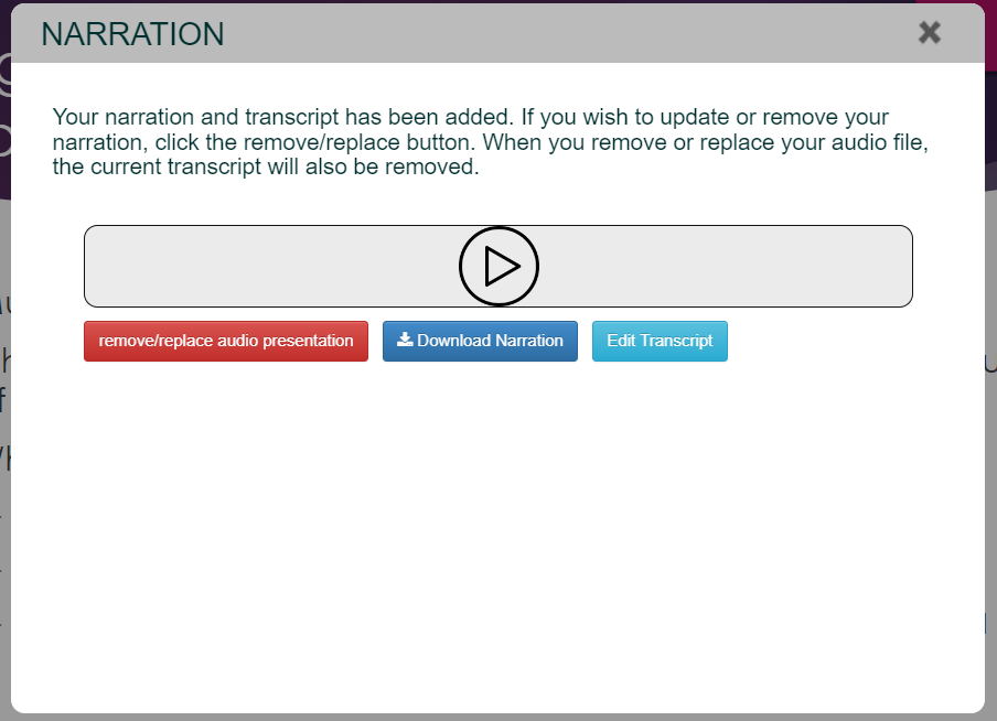 Narration screen when a recording has been added and the generation of AI transcript is completed.  The Edit Transcript', 'Remove Narration' and 'Download Narration' buttons are available. 