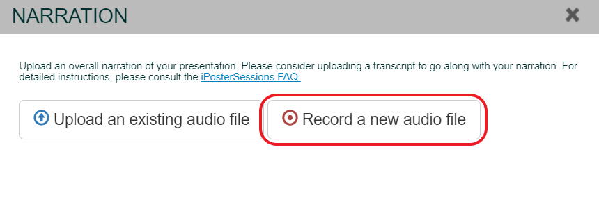 The narration pop up box in the iPoster editor screen. The option 'Record a new audio file.' is circled in red.