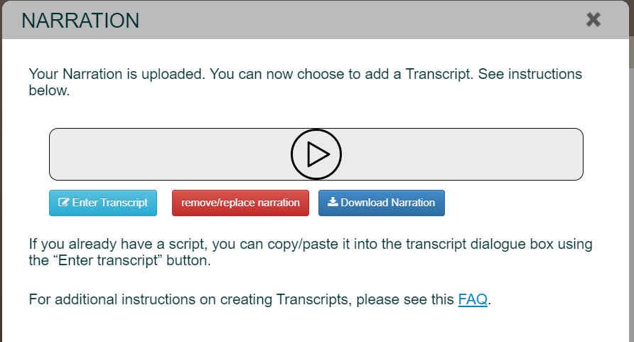 How do I add transcripts for narration or audio snippets