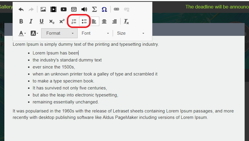 Toolbar from the iPoster editor screen. The bullet point numbered list tools are circled in red.  Below this is an example of a list in a content box on an iPoster. 