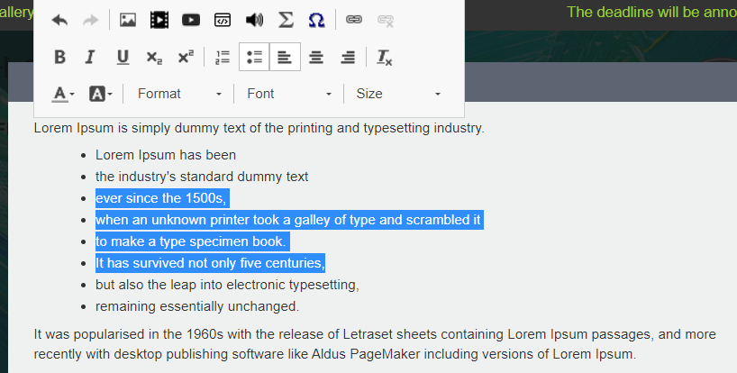 An example of a list in a content box in the iPoster editor screen. The middle part of the list is highlighted.  