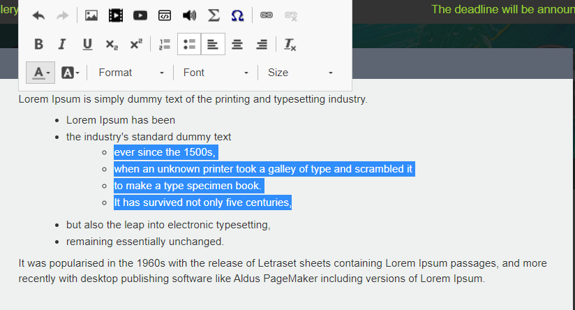 An example of a newly created nested list in a content box in the iPoster editor screen. The nested part of the list is highlighted and has disc bullet points instead of circles like the rest of the list. 