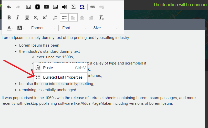 The options shown when right clicking on the bullets in a list, 'Paste', and, 'Bulleted list properties'. A red arrow points to the 'bulleted list properties' option. 