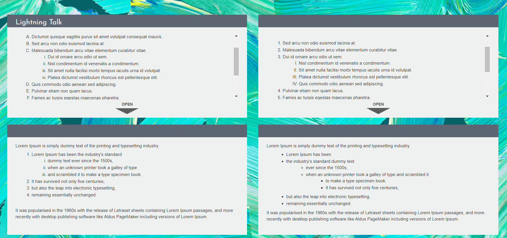 4 iPoster content boxes showing different examples of nested list combinations using either bullet points or  numbers. for example one content box shows a nested list that uses numbers and roman numerals. 