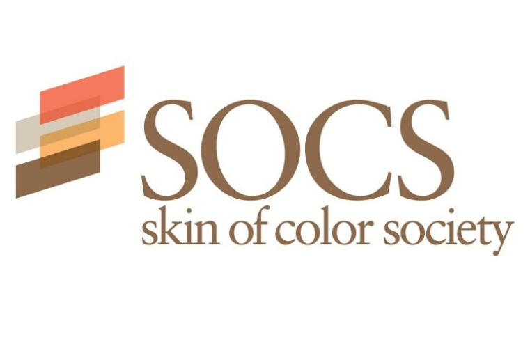 the letters SOCS in large brown writing. Below this is written: 'Skin of color society'. In the top left corner of the logo are 4 angled rectangles of different colors, a pink, a grey, a yellow and a brown.