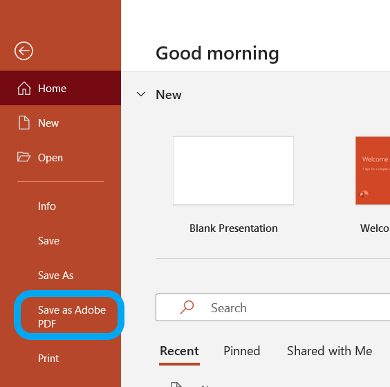 The Power Point Main menu. The option 'Save as Adobe PDF' is circled in blue