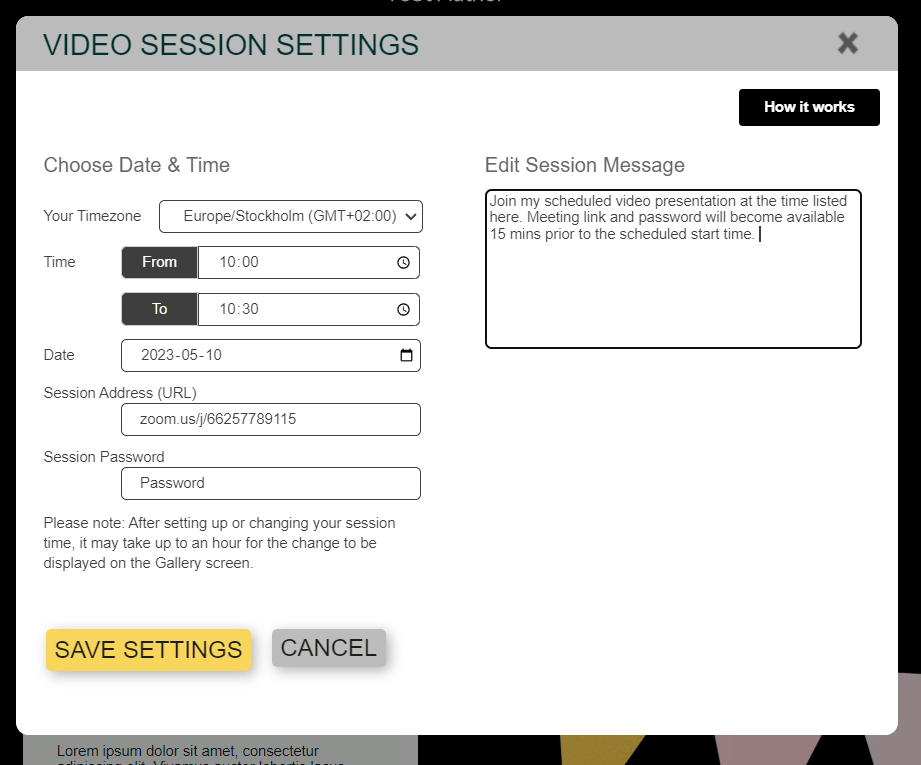 The video scheduler editing showing all fields filled in including a personalized message  to the poster visitor. 