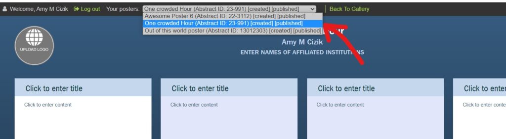 The multiple poster dropdown option in the iPoster editor. It shows 3 posters to pick from with a red arrow pointing to the middle one. 