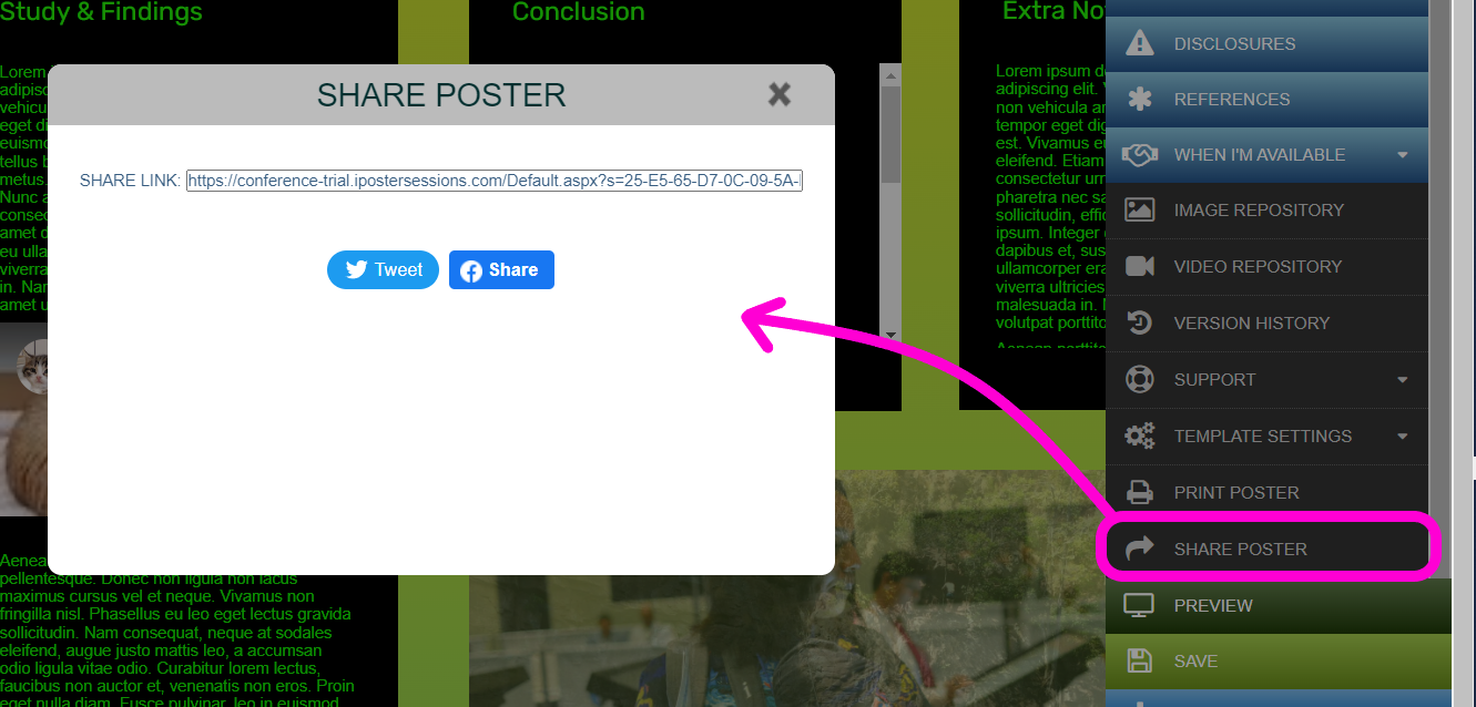 IPoster editor screen when the 'Share iPoster' button has been clicked. There is a pop up box showing the poster URL and 2 social media share buttons for Facebook and Twitter.  