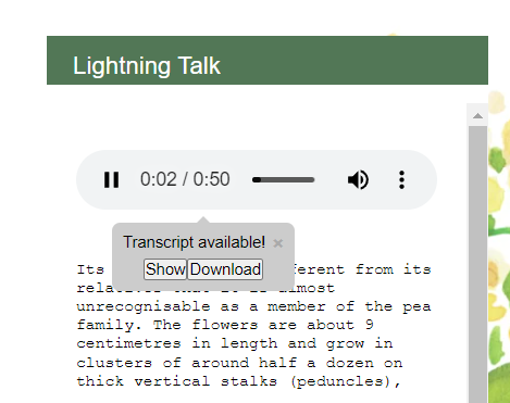 The audio snippet on a poster in Preview mode on the iPoster. There are options to show and download the transcript. 