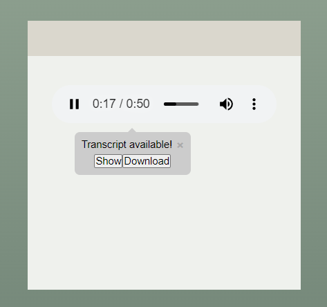 The audio snippet on a poster in Preview mode on the iPoster. There are options to show and download the transcript. 