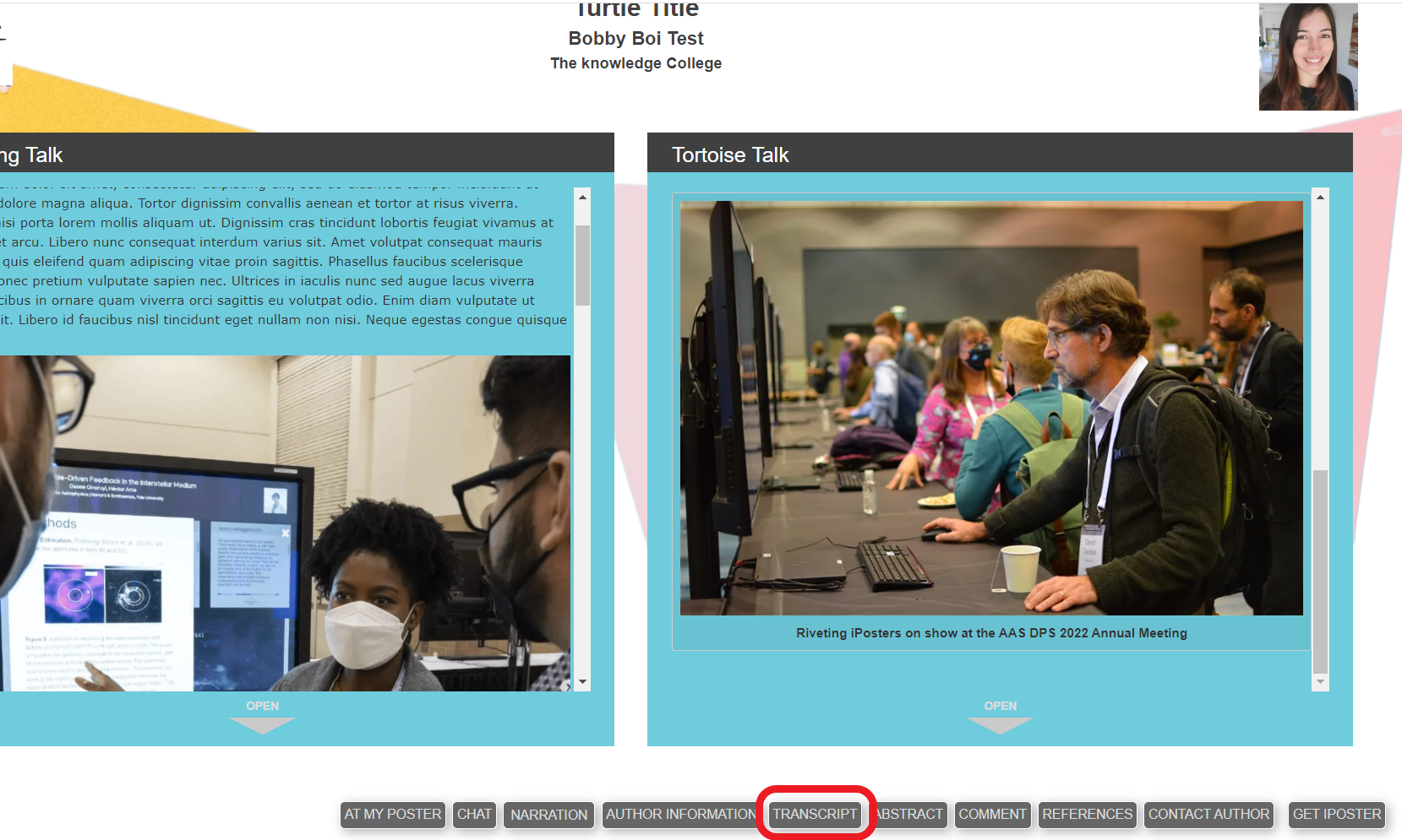 screenshot showing Transcript button in iPosterSessions editor preview mode. 