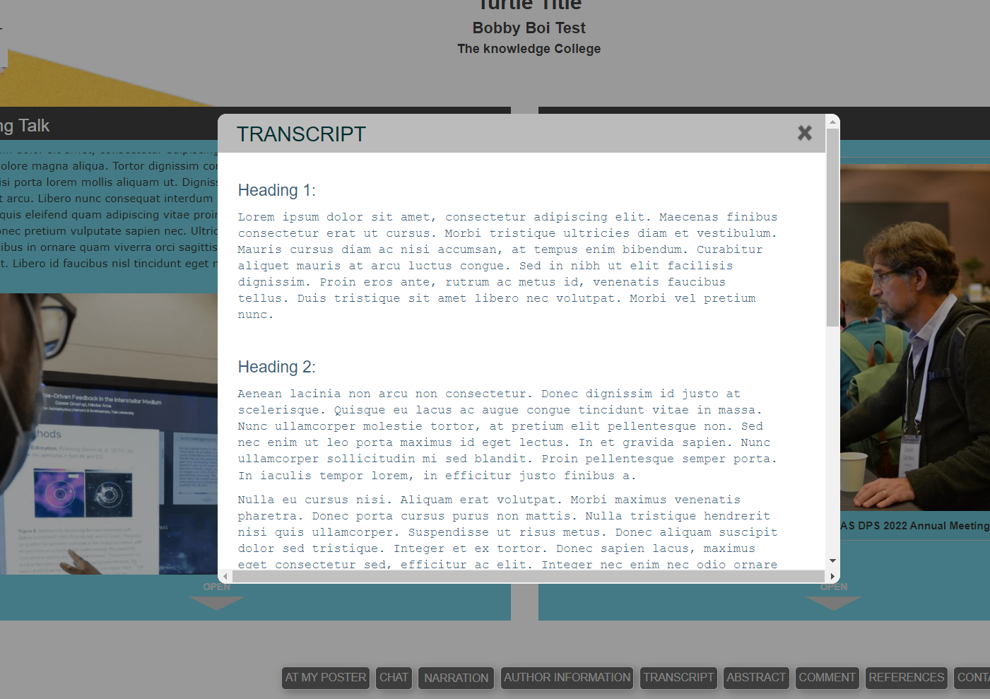 screenshot showing expanded Transcript in iPosterSessions editor preview mode. 