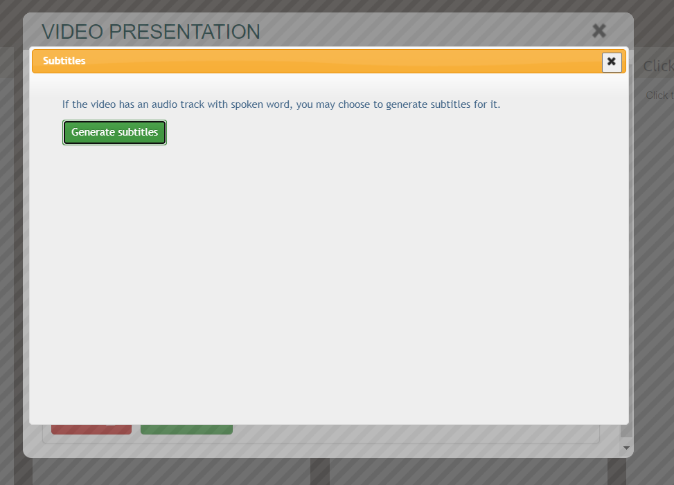 screenshot showing the Video presentation screen in the iPoster editor. a green button called 'generate Subtitles' sits below the text, 'If the video has an audio track with spoken word, you may choose to generate subtitles for it. 
