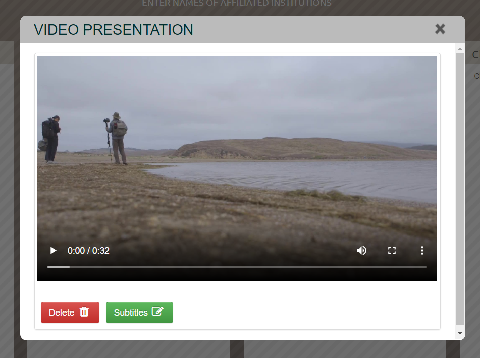 screenshot showing the Video presentation screen in the iPoster editor. a red button called 'Delete' and a green button called 'Subtitles' sit below a preview of an uploaded video.  
