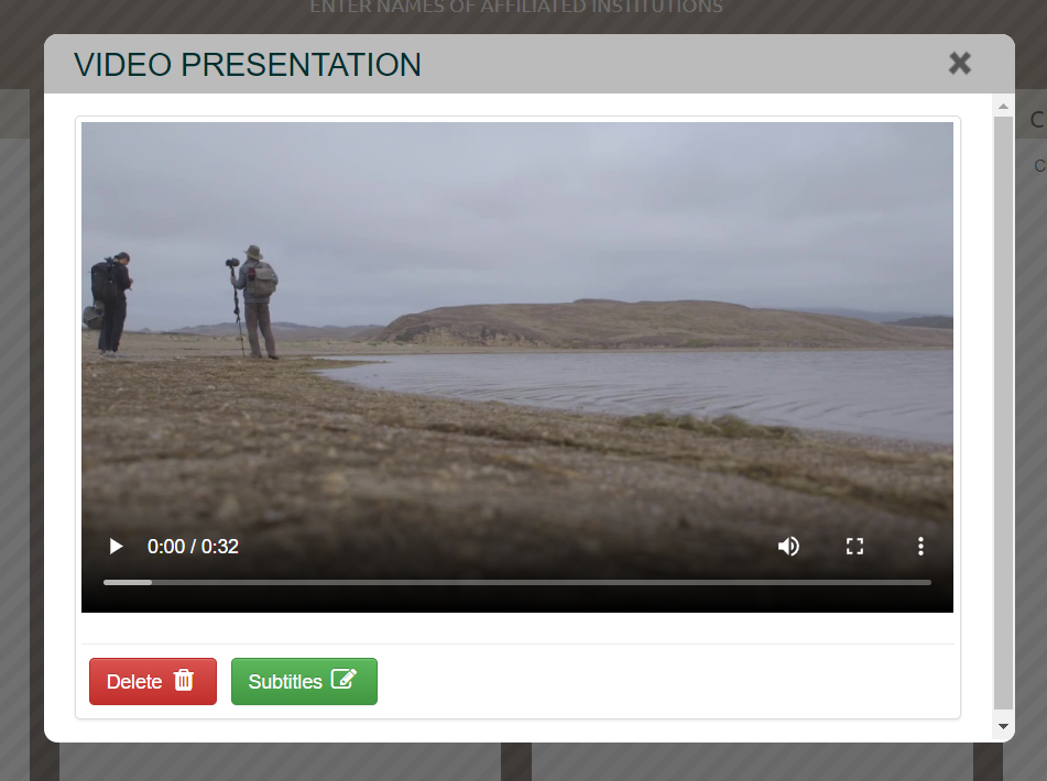 screenshot showing the Video presentation screen in the iPoster editor. a red button called 'Delete' and a green button called 'Subtitles' sit below a preview of an uploaded video. 