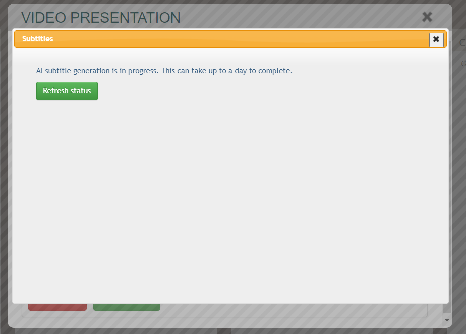 screenshot showing the Video presentation screen in the iPoster editor. a green button called 'Refresh Status' sits below the text, 'AI subtitle generation is in progress. This can take up to a day to complete.' 