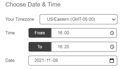 the date and time  section of the video schedule tool showing dropdown options for time zone, 'from time' 'to time' and date. 