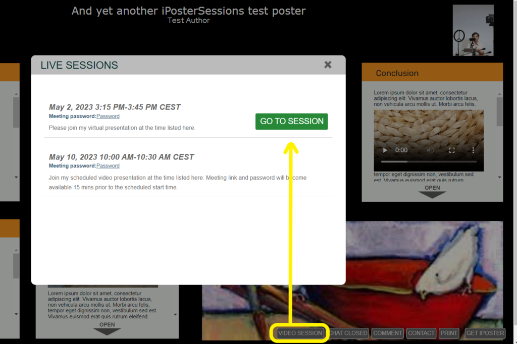 Video Session button in Preview mode of an iPoster. The button is circled in yellow with a yellow arrow pointing to the 'go to session' button in the pop up window. 