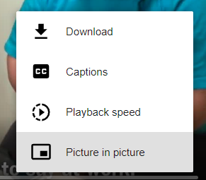 screenshot showing the available settings when a user is playing a video. The settings are: Download Captions Playback Speed Picture in Picture