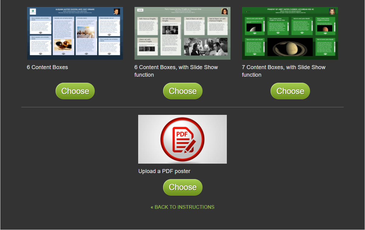 The iPoster 'Choose Template' screen. Focused on the PDF+ Template. 