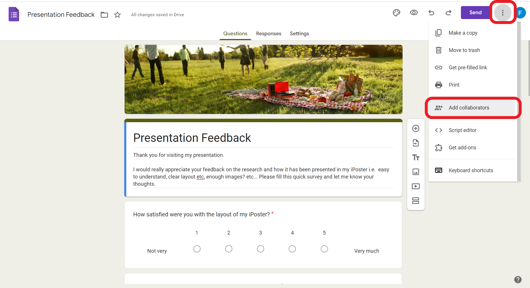 Google forms survey example with the 3 dot menu circled in red. The menu options are displayed and the option 'Add collaborators' is circled in red. 