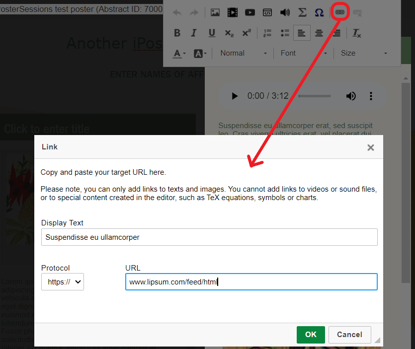 Hyperlink pop-up window shown in the iPoster editor when adding a hyperlink to an iPoster. 